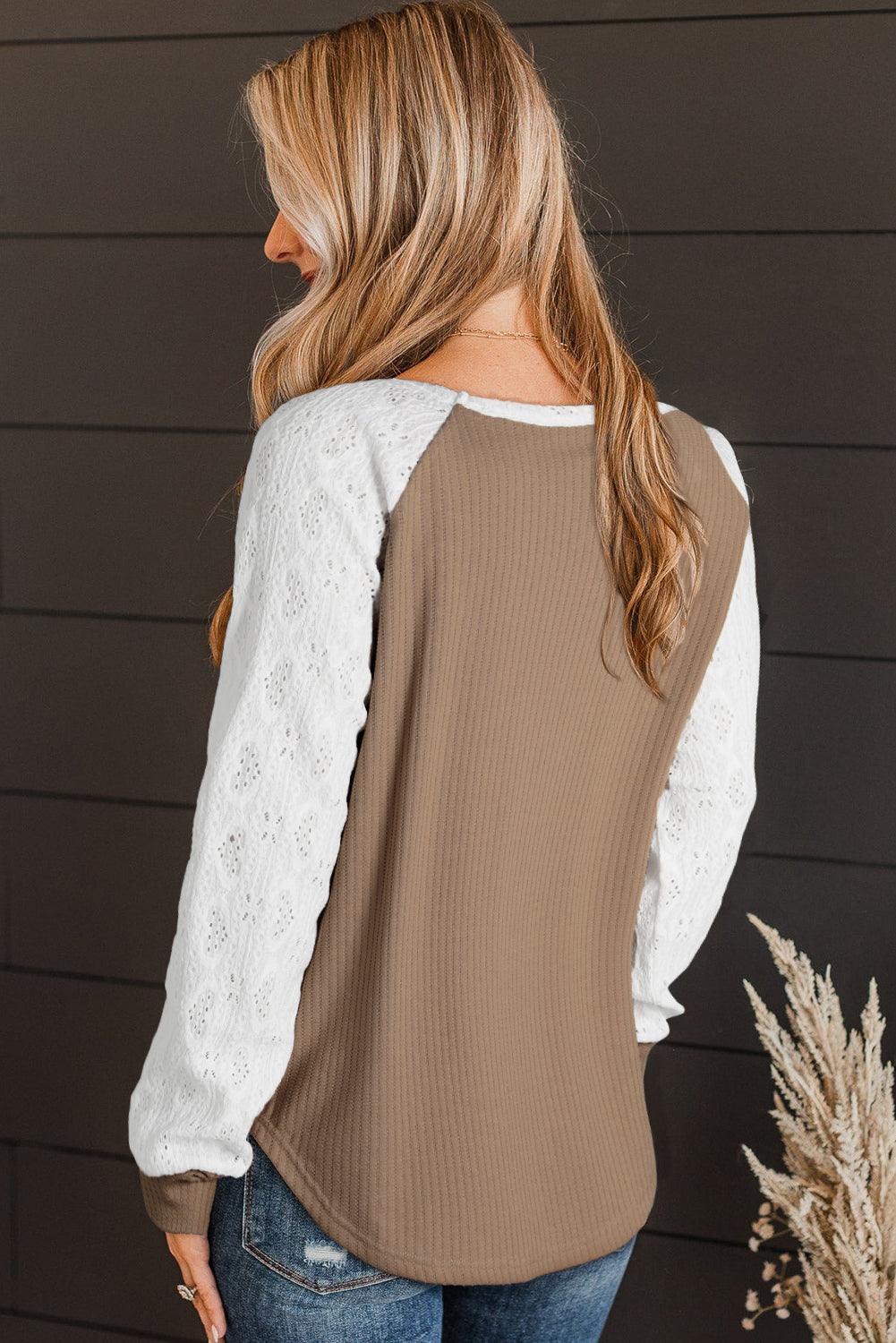 Light French Beige Lace Crochet Patch Long Sleeve Textured Top - L & M Kee, LLC