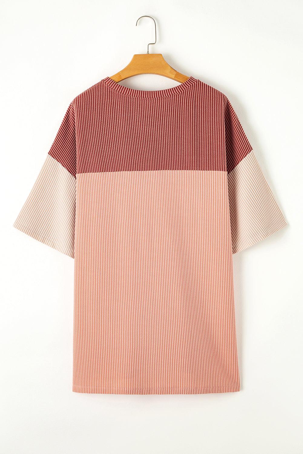 Rose Pink Plus Size Ribbed Colorblock T-shirt