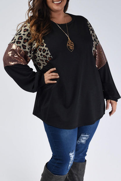 Black Leopard Sequin Patch Plus Size Long Sleeve Top - L & M Kee, LLC