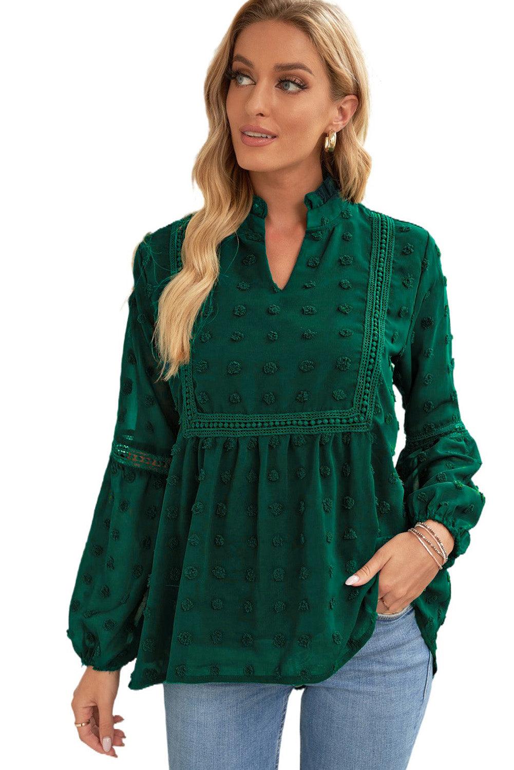 Blue Ruffled Split Neck Lace Hollow Out Puff Sleeve Polka Dot Blouse - L & M Kee, LLC