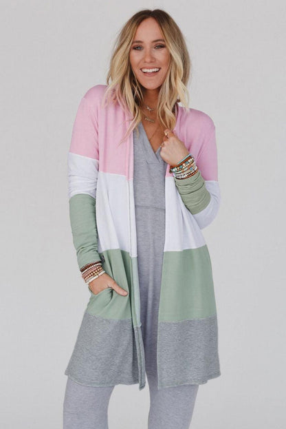 Multicolor Color Block Pocketed Casual Duster Cardigan - L & M Kee, LLC