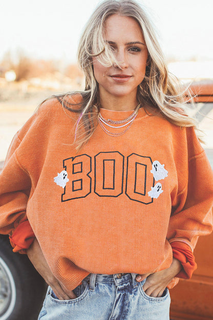 Orange Embroidered BOO Ghost Corded Halloween Sweatshirt