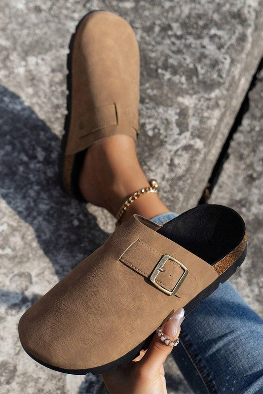Light French Beige Suede Buckle Detail Slippers