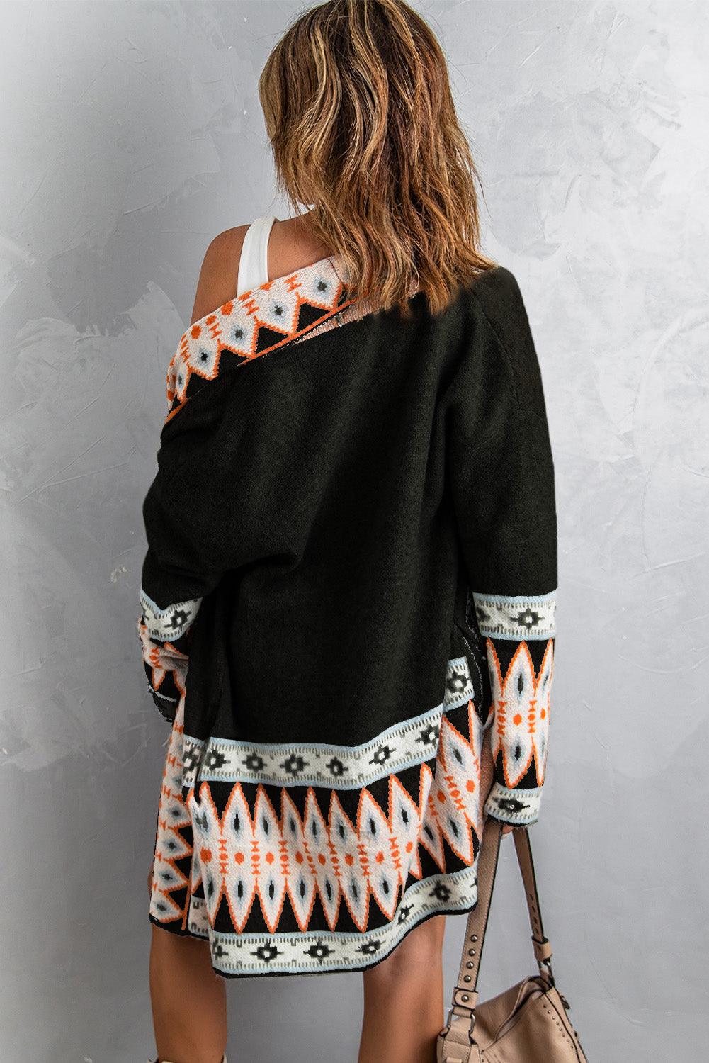 Black Aztec Print Open Front Knitted Cardigan - L & M Kee, LLC