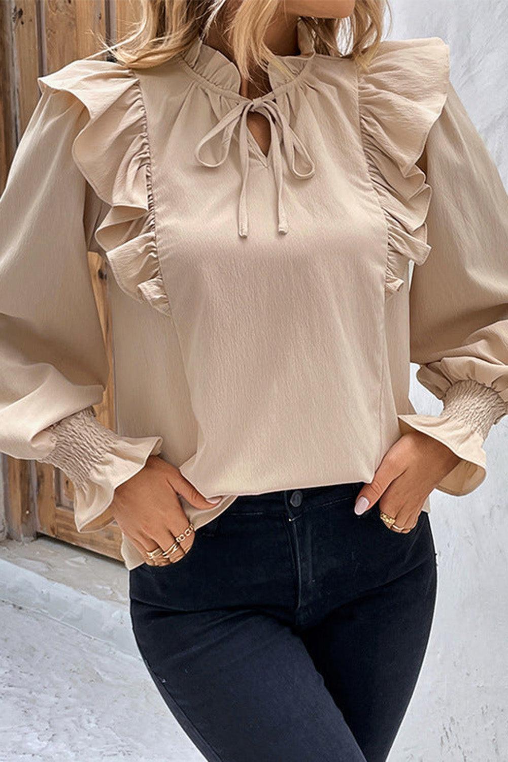 Khaki Ruffled Lace up Bubble Sleeve Blouse - L & M Kee, LLC