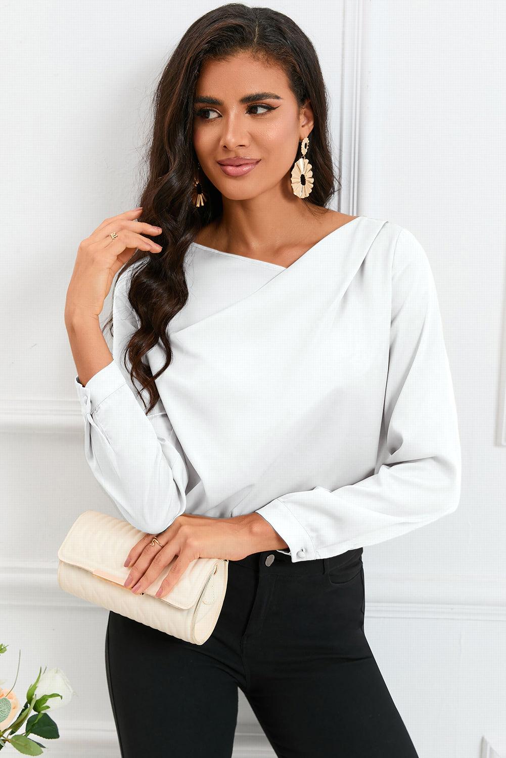 Solid Asymmetric V Neck Long Sleeve Satin Blouse - L & M Kee, LLC