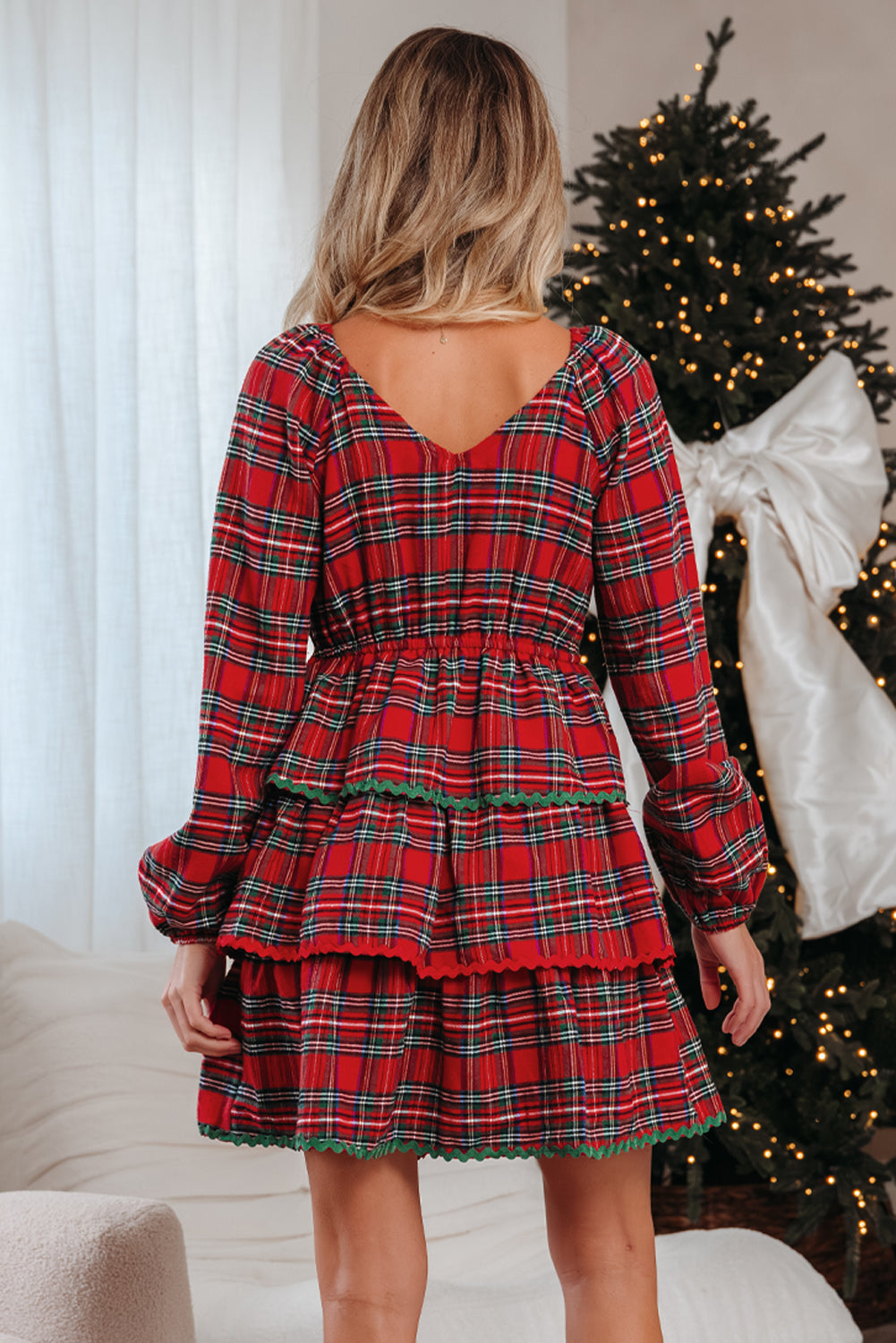 Red Plaid Print Ricrac Tiered Bubble Sleeve Mini Dress