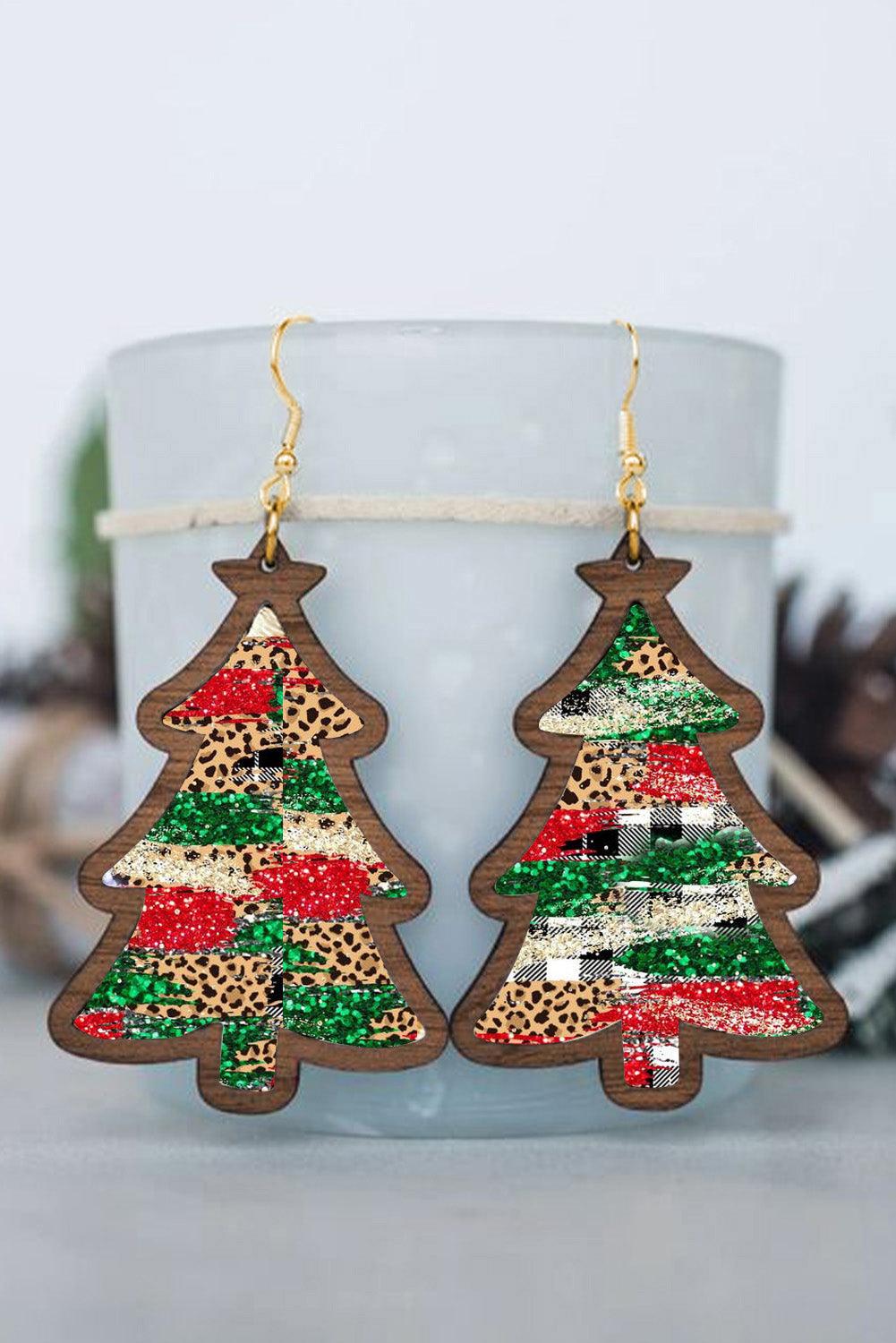 Red Shade Of Leopard Plaid Christmas Tree Earrings - L & M Kee, LLC