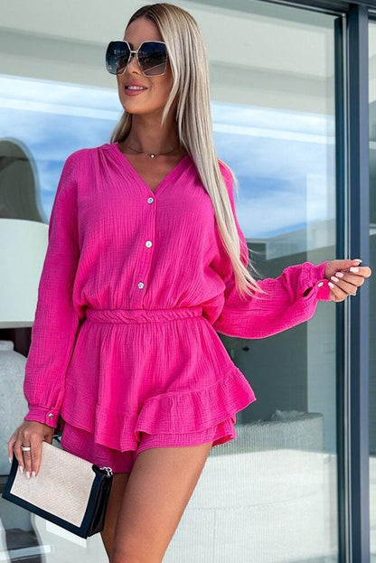 Rose Textured Tiered Ruffled Buttoned Long Sleeve Romper