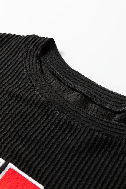 Racing Red Twisted Rib Outlined Merry Letter Graphic Loose Long Sleeve Top