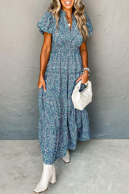 Blue Printed V Neck Shirred Short Puff Sleeve Maxi Dress - L & M Kee, LLC