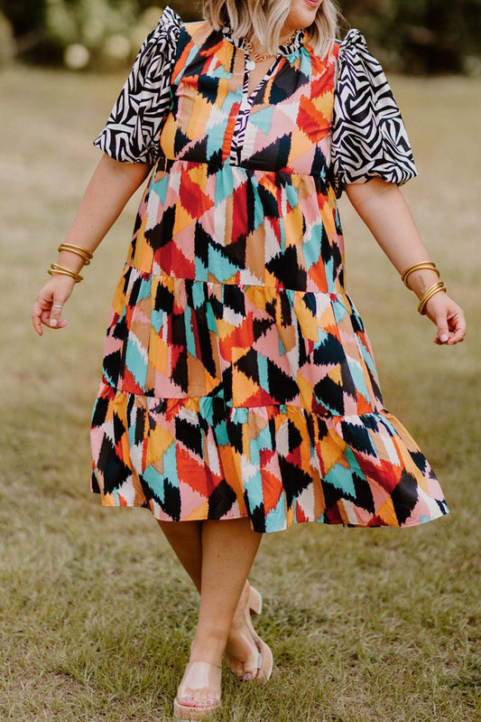 Pink Contrast Puff Sleeve Abstract Print Tiered Plus Size Dress - L & M Kee, LLC