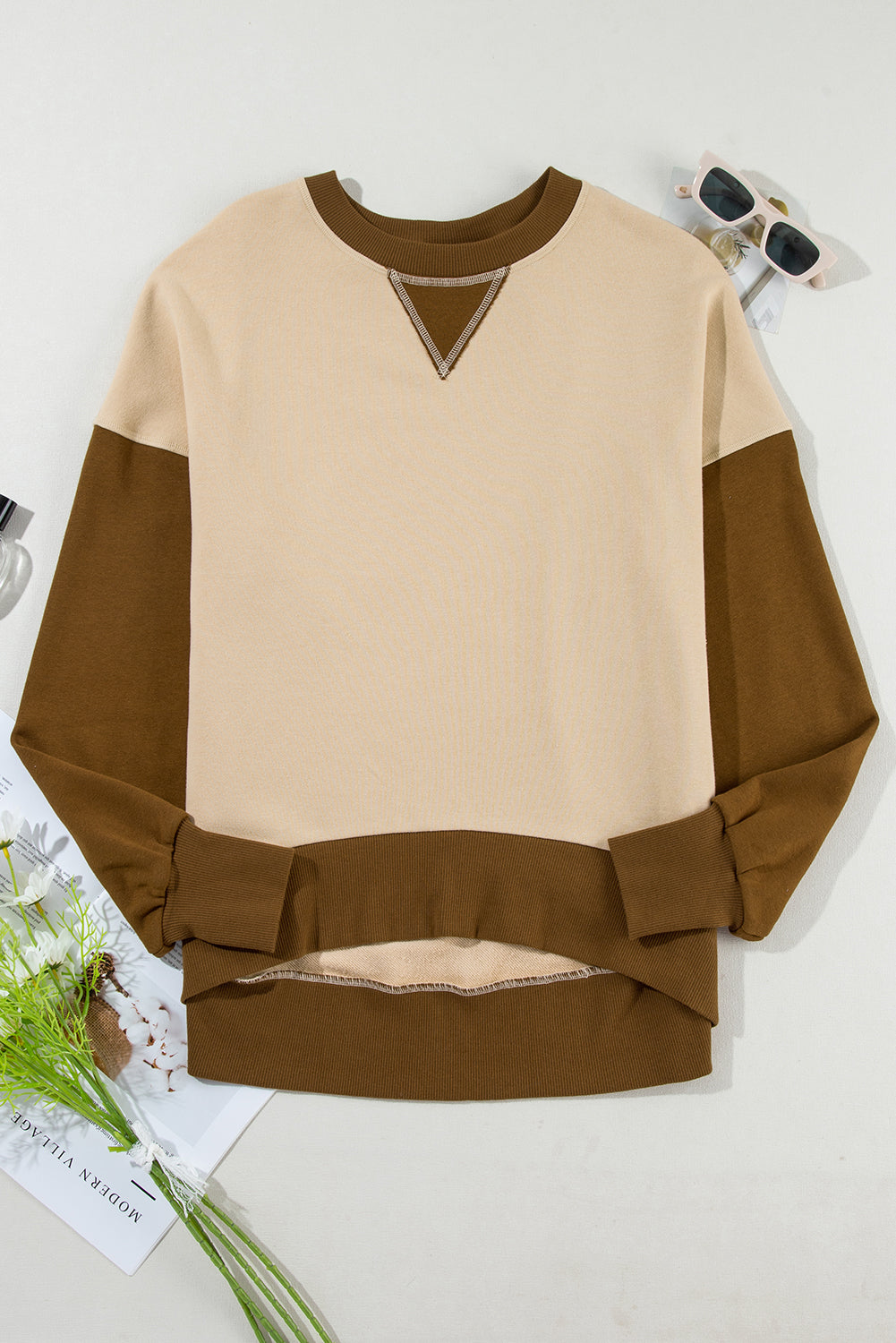 Parchment Color Block Thumbhole Sleeve Drop Shoulder Sweatshirt