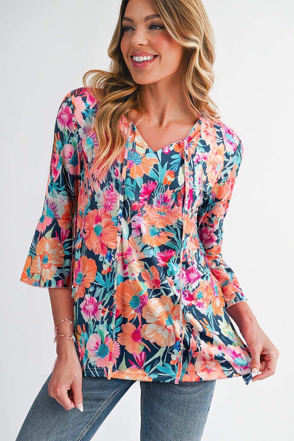 Black Floral 3/4 Flare Sleeve Tied V Neck Blouse