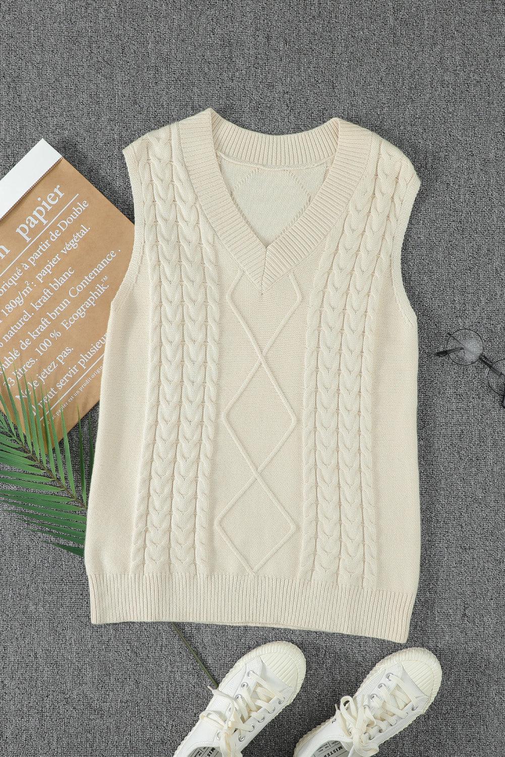 Khaki Sleeveless Cable Knitted Sweater Tank