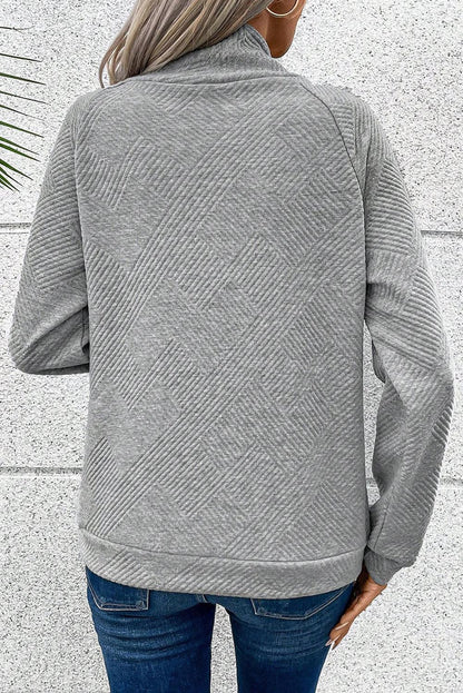 Gray Asymmetric Buttons Detail High Neck Textured Sweatshirt - L & M Kee, LLC