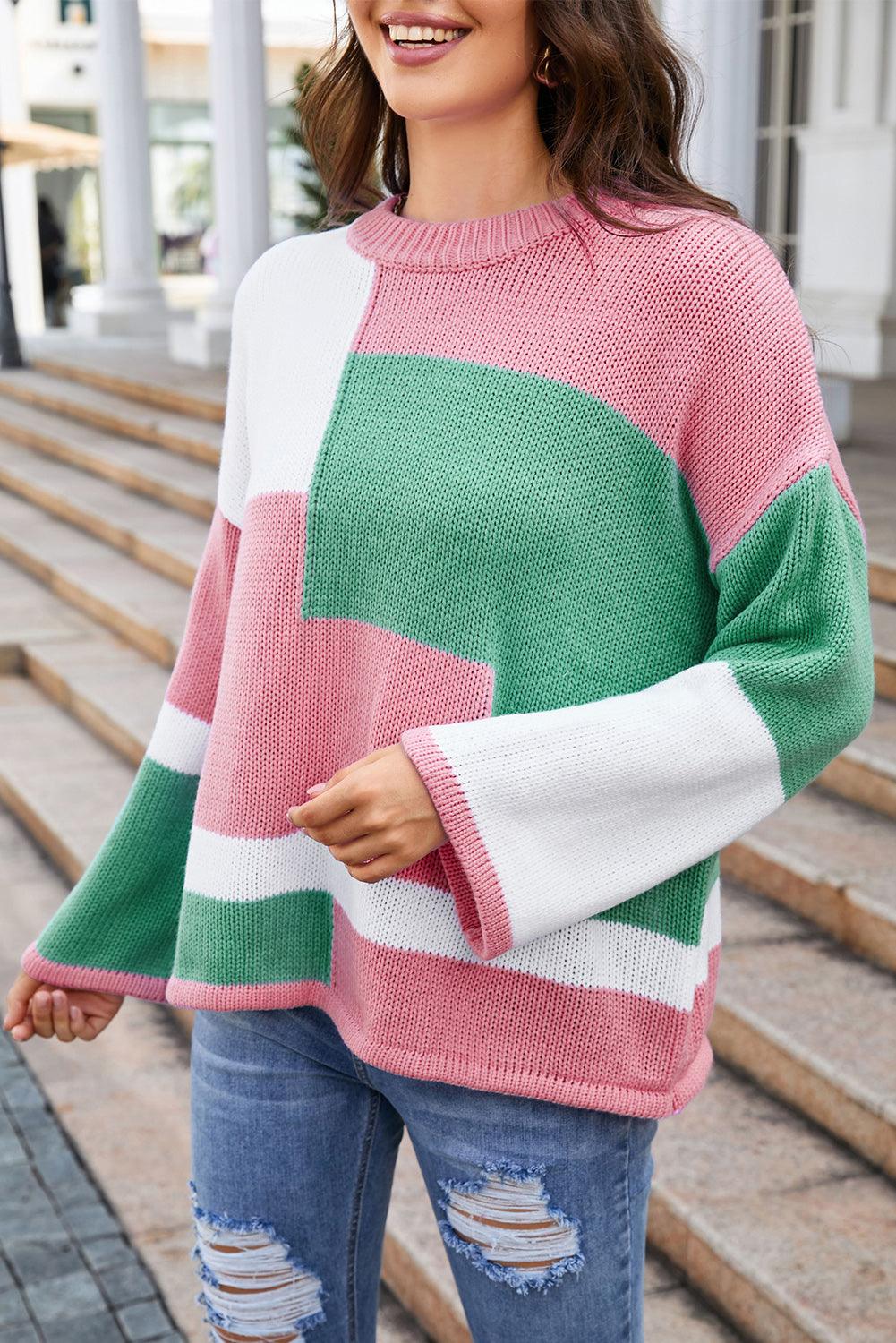 Colorblock Drop Shoulder Bell Sleeve Sweater - L & M Kee, LLC