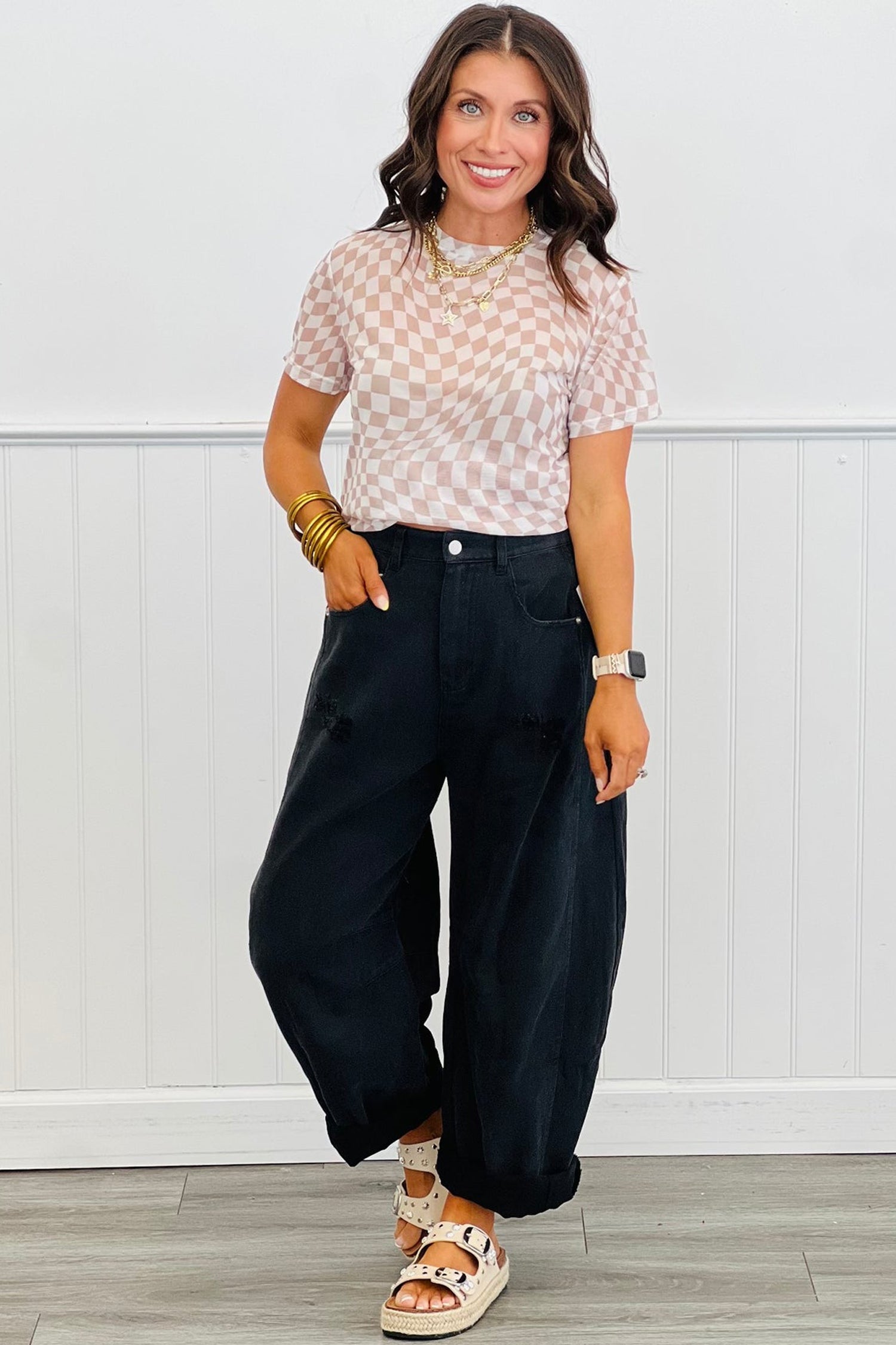 Purple Checkered Print Mock Neck Mesh T Shirt