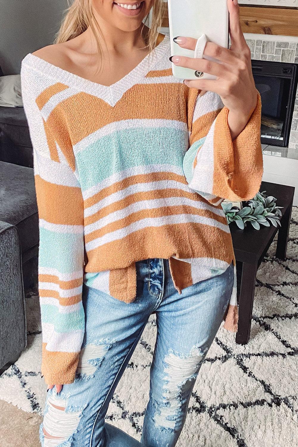 Multicolor Colorblock Stripe Long Sleeve Split Sweater - L & M Kee, LLC