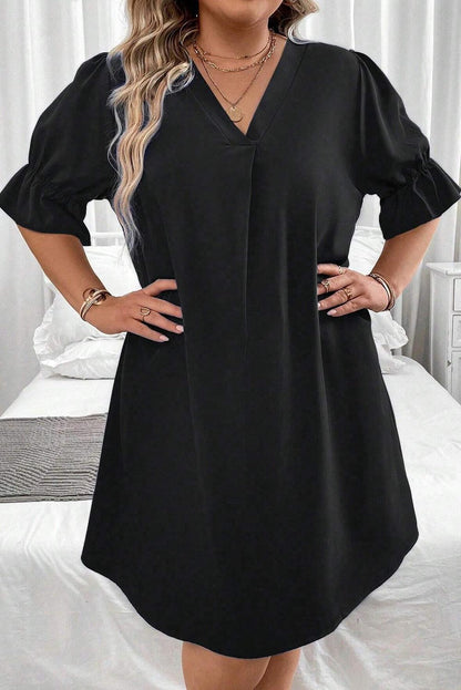 Black Solid Ruffled Puff Sleeve V Neck Plus Size Mini Dress - L & M Kee, LLC