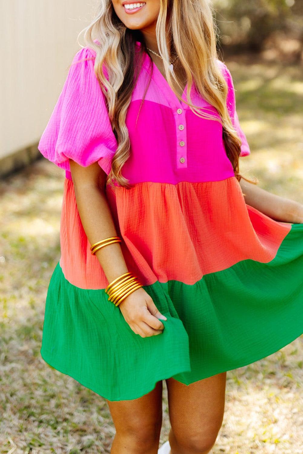 Multicolor Color Block Tiered Puff Sleeve Dress - L & M Kee, LLC