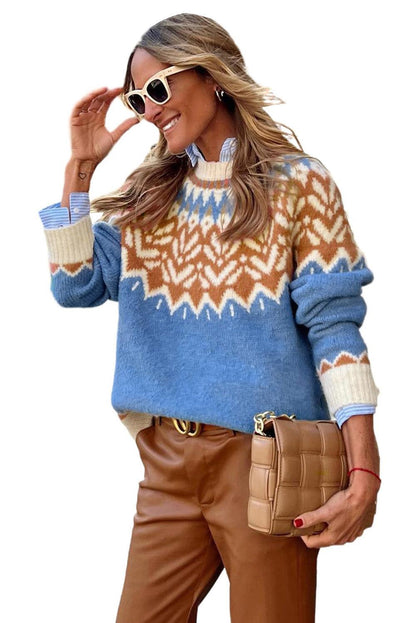 Geometric Print Ribbed Trim Sweater - L & M Kee, LLC