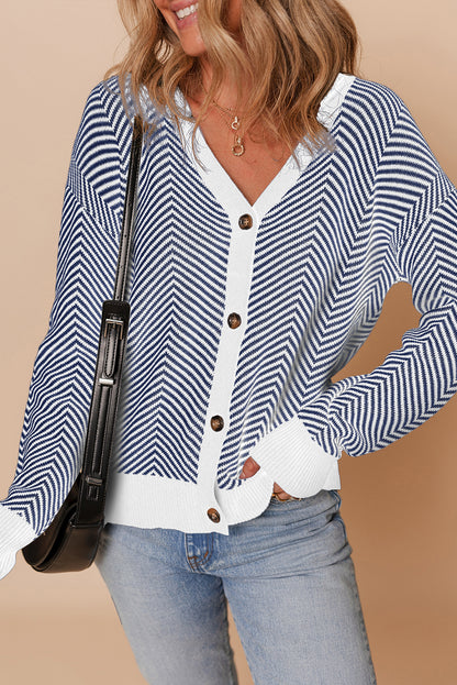 Brown Stripe Buttoned Front V Neck Herringbone Cardigan