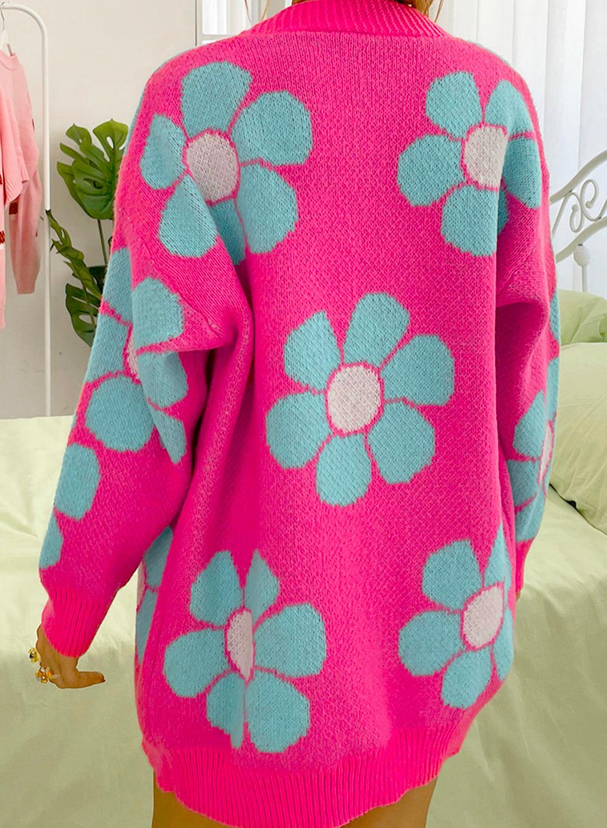 Strawberry Pink Floral Print Button up Knitted Cardigan - L & M Kee, LLC