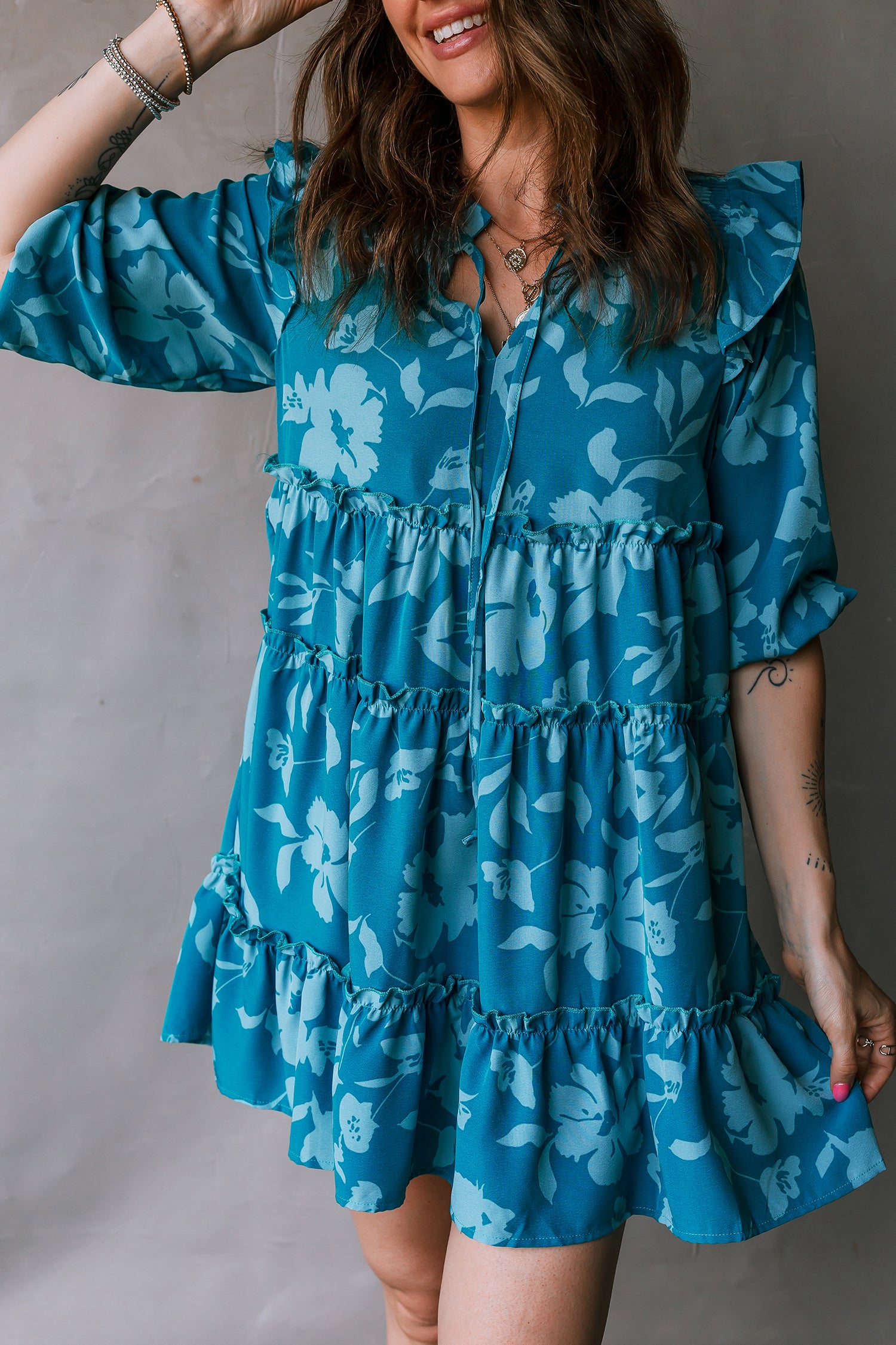 Blue Flower Half Sleeve Tiered Ruffled Mini Dress