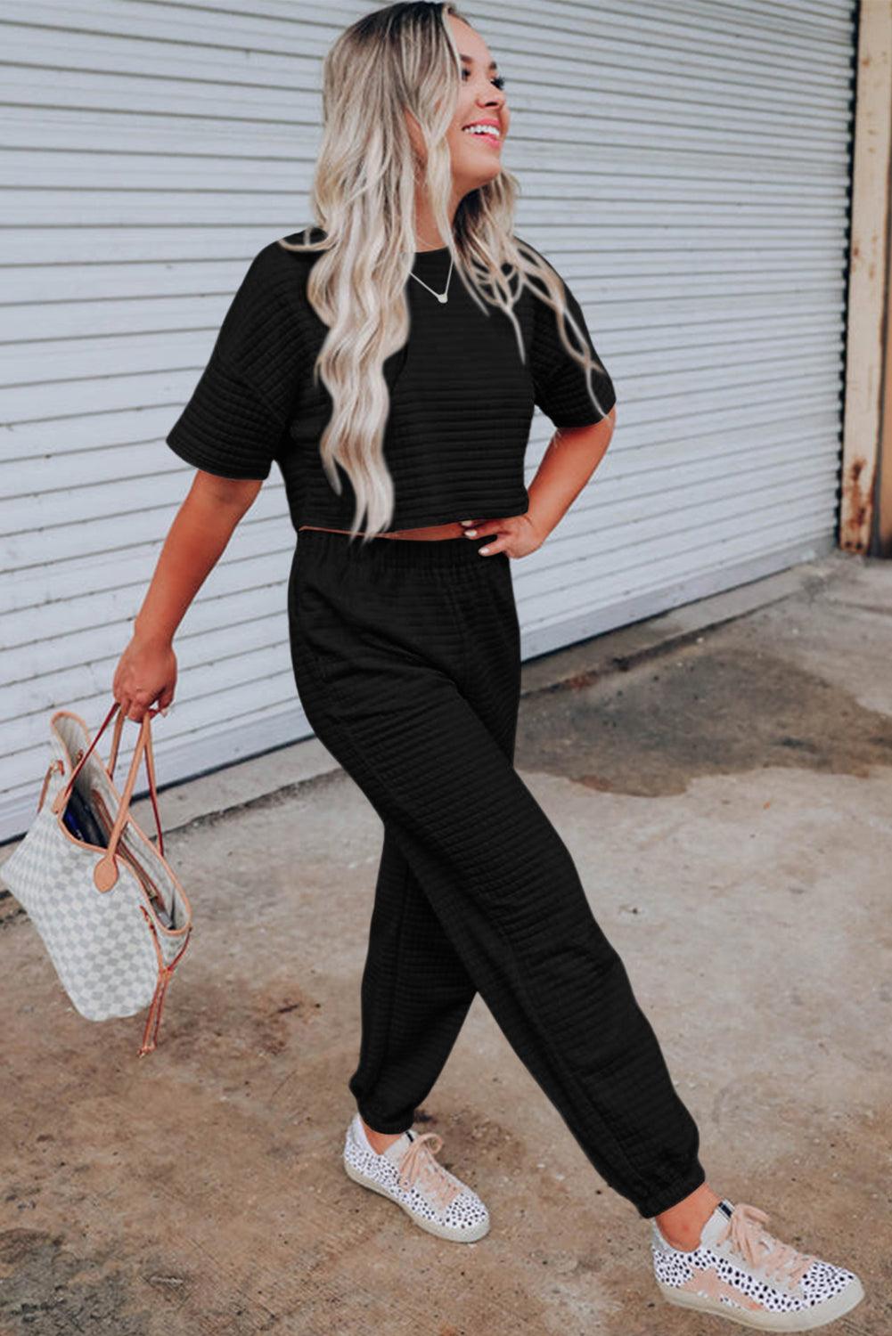 Black Lattice Textured Cropped Tee and Jogger Pants Set - L & M Kee, LLC