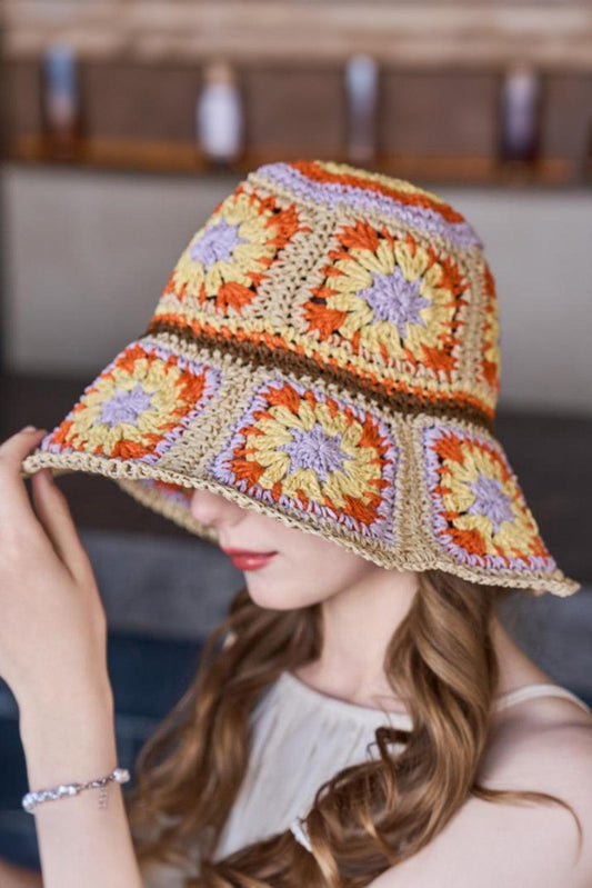 Beige Boho Flower Crochet Wide Brim Buckle Hat - L & M Kee, LLC