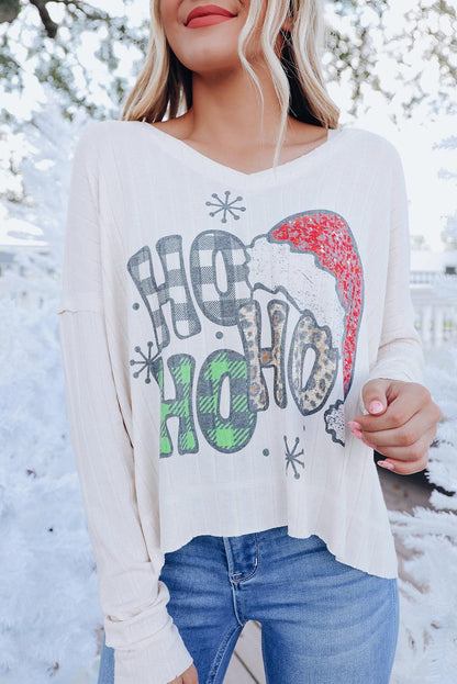 White HOHOHO Christmas Graphic Wide Rib Long Sleeve Top - L & M Kee, LLC