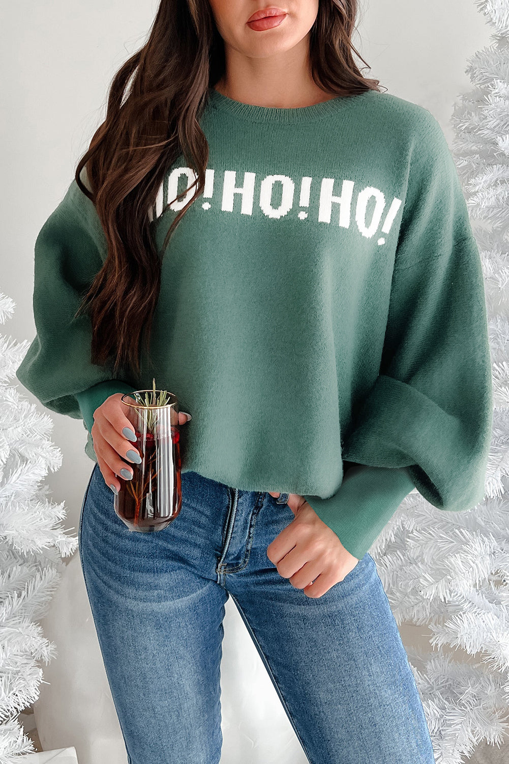Fiery Red HO HO HO MERRY CHRISTMAS Drop Shoulder Loose Sweater