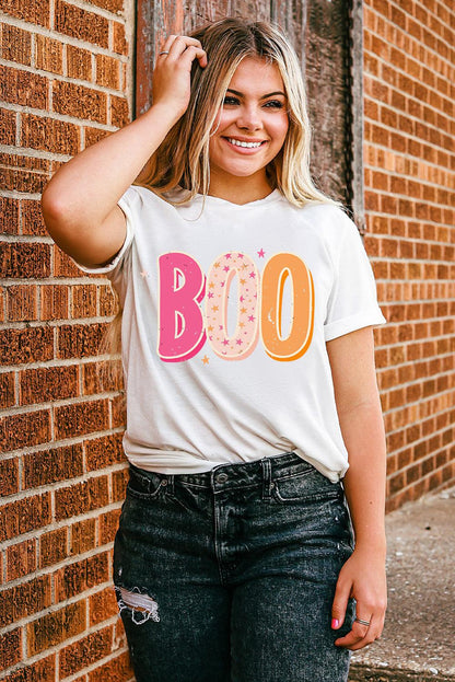 White Halloween BOO Letter Graphic T-shirt - L & M Kee, LLC