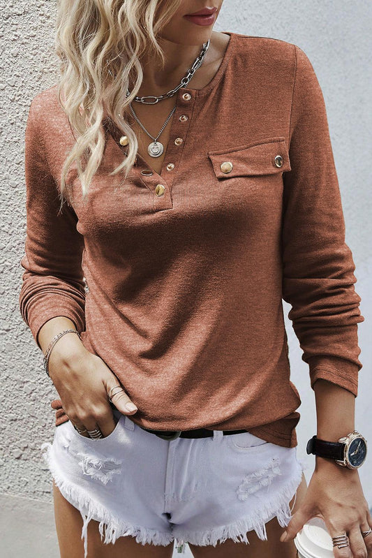 Chestnut Long Sleeve Snap Button Henley Top - L & M Kee, LLC