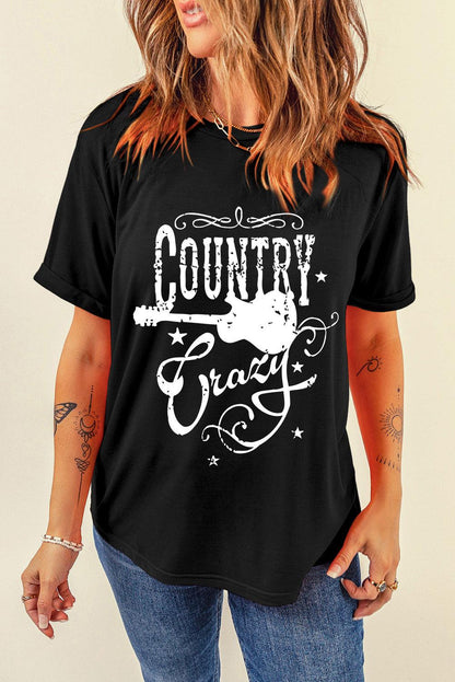 Black Country Music Crazy Print Crew Neck T Shirt - L & M Kee, LLC