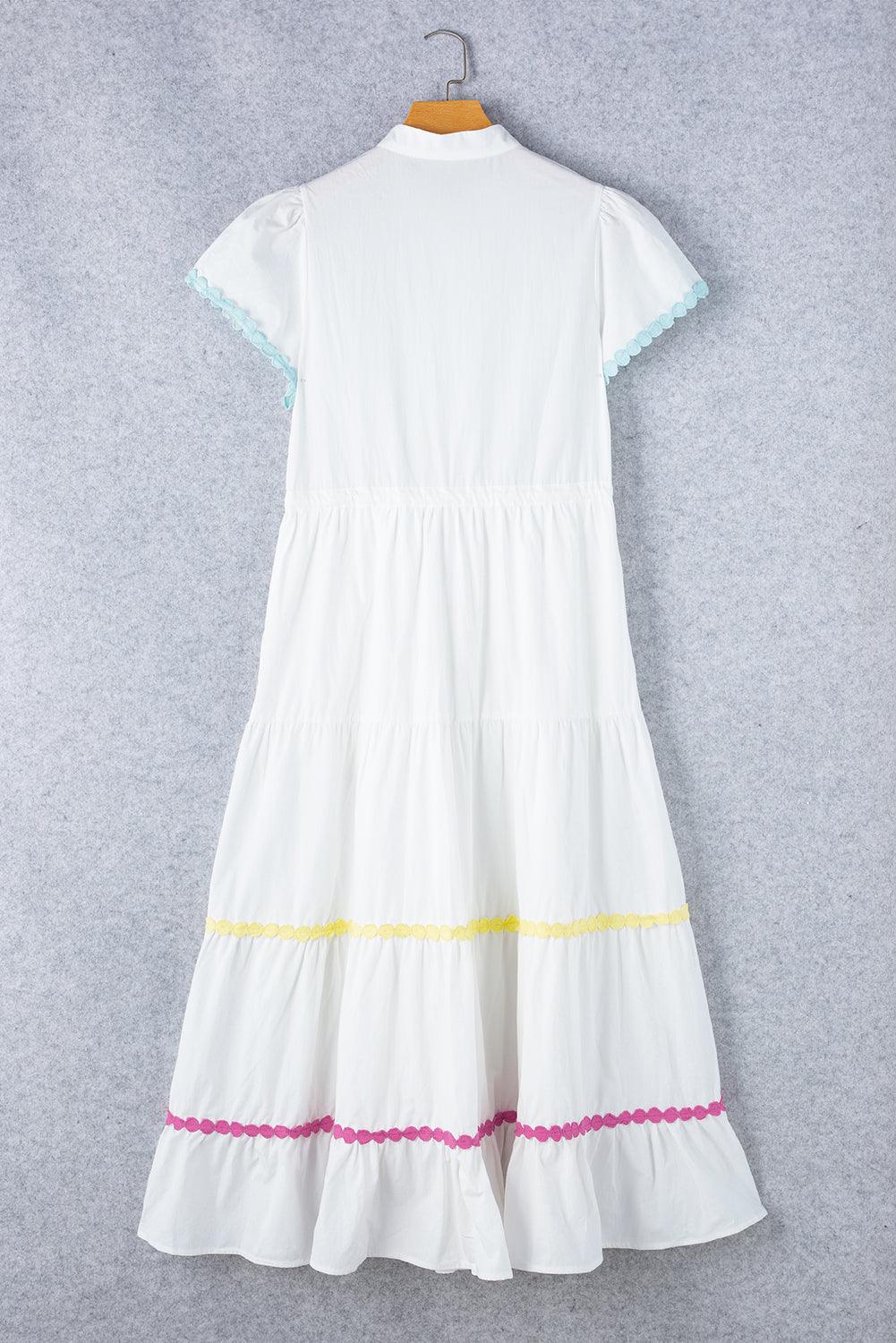 White Colorblock Rickrack Trim Short Sleeve Drawstring Waist Long Dress - L & M Kee, LLC