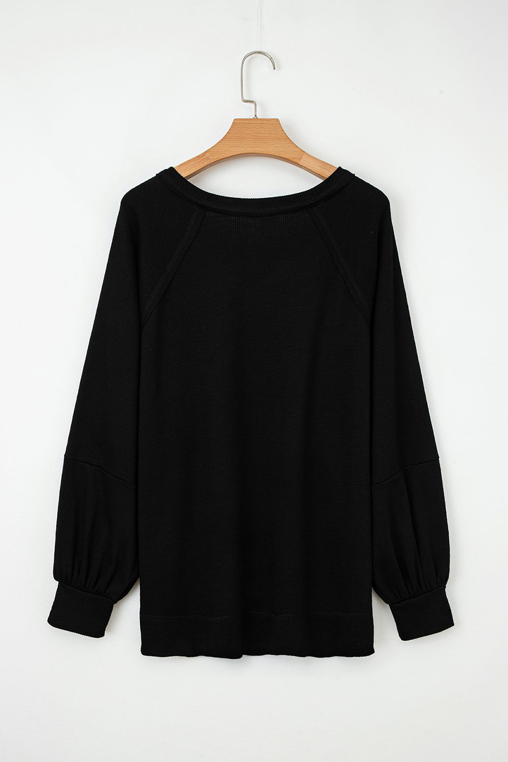 Black Exposed Seam Textured Knit V Neck Pullover Top