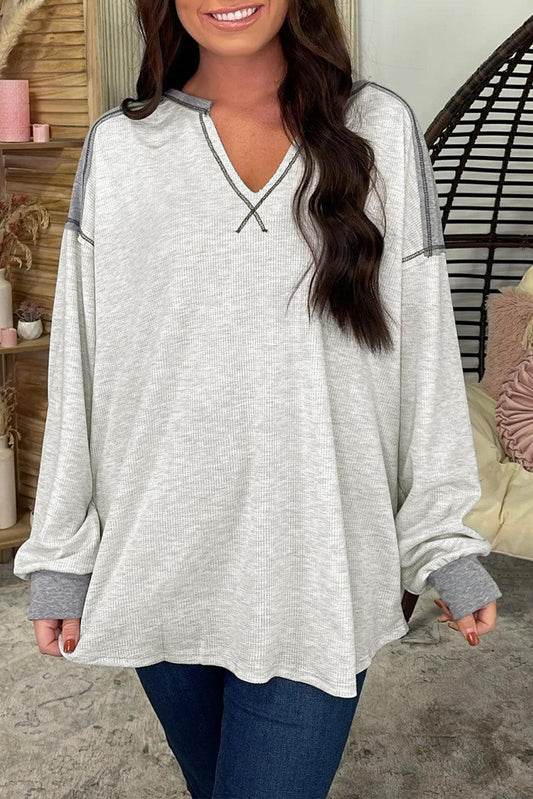 Gray Exposed Seam Ribbed Patchwork V Neck Sweatshirt - L & M Kee, LLC