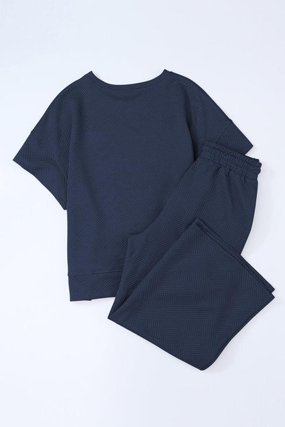 Navy Blue Textured Loose Fit T Shirt and Drawstring Pants Set - L & M Kee, LLC