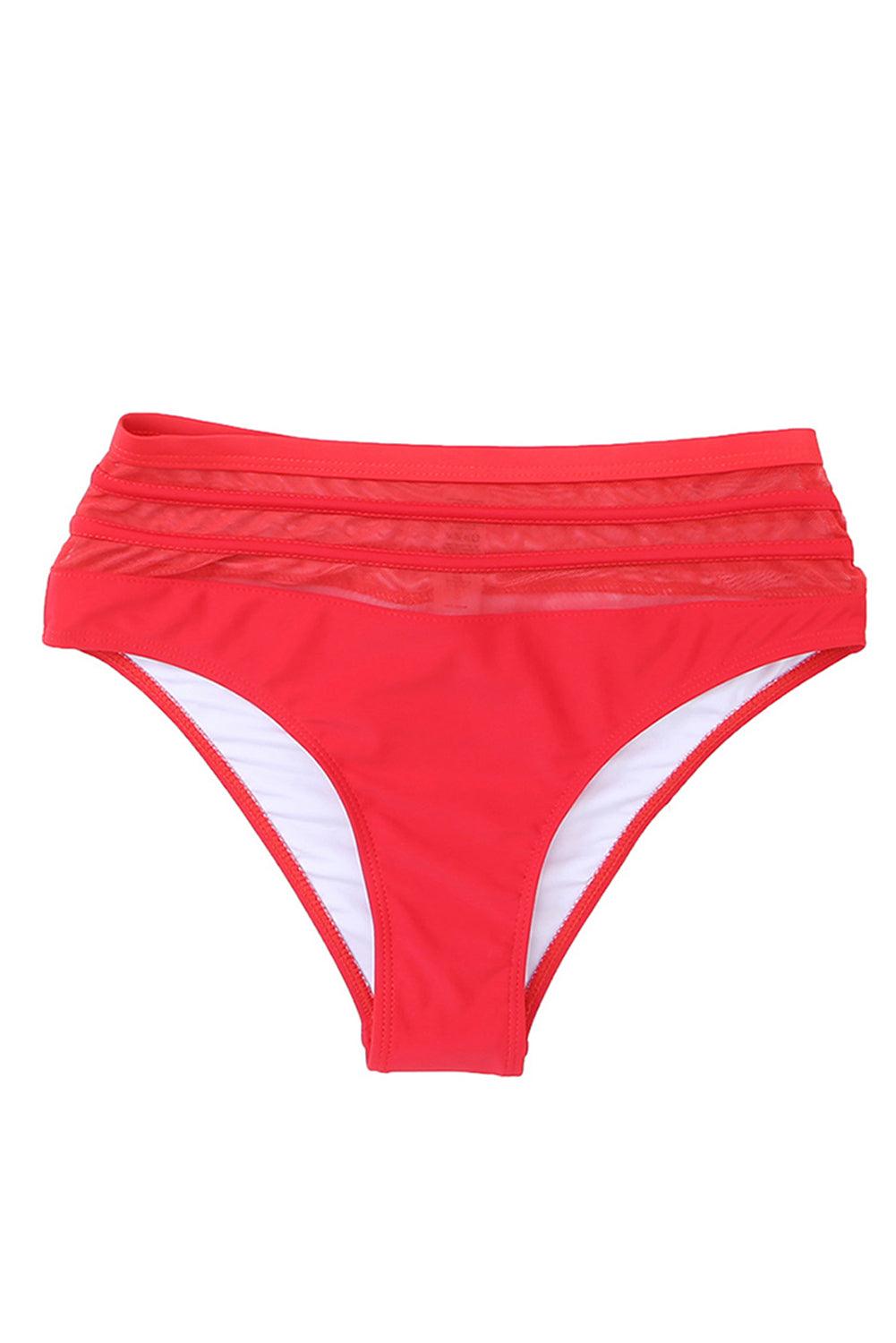 Fiery Red Mesh Striped High Waist Bikini Bottoms - L & M Kee, LLC