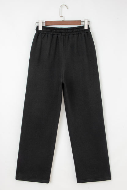 Black Fleece Lined Leopard Drawstring Elastic Waist Solid Pants