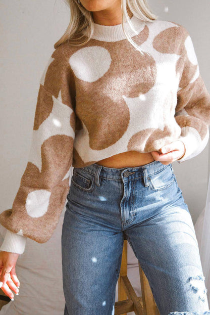 Khaki Big Flower Pattern Drop Shoulder Sweater - L & M Kee, LLC