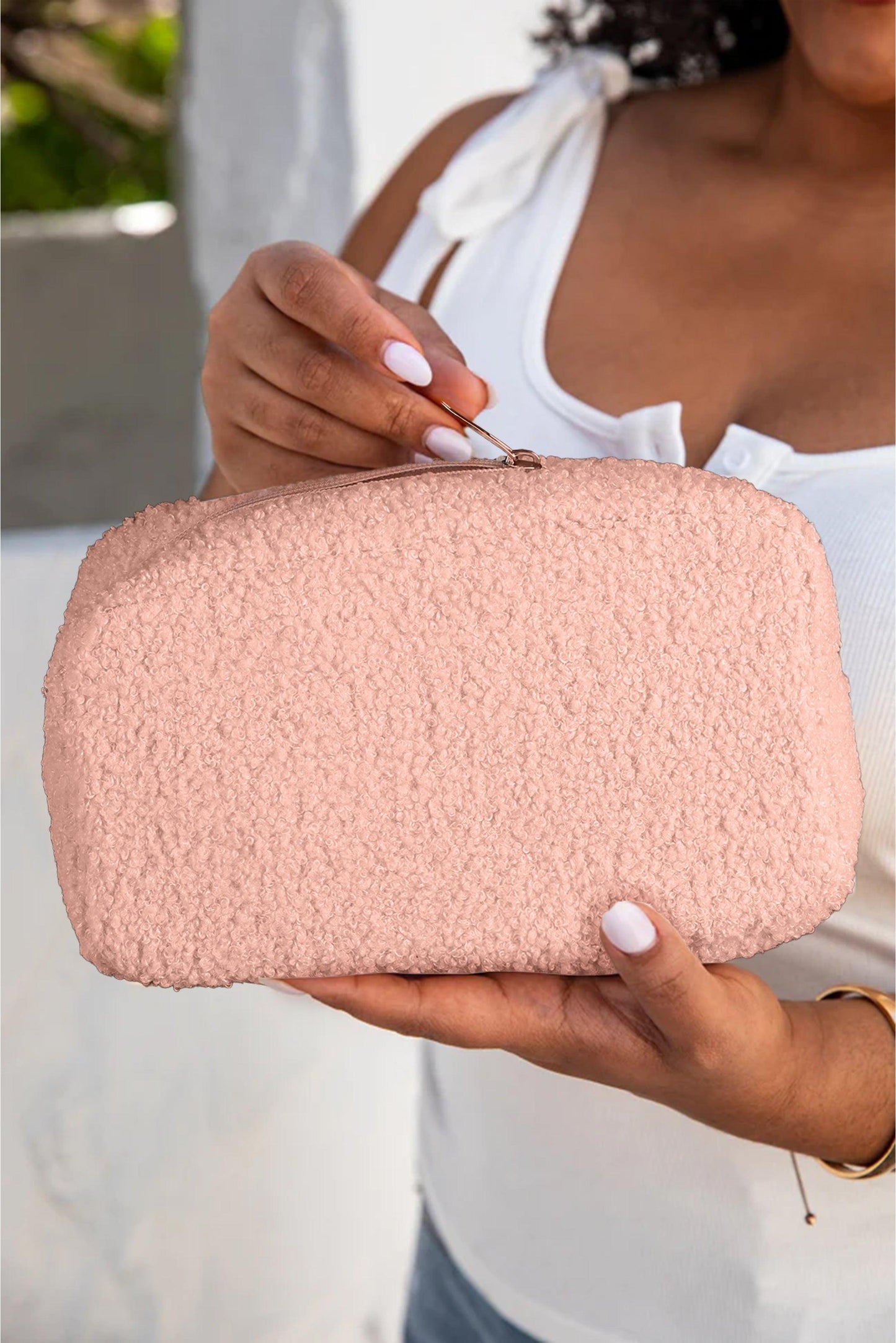 Pink Teddy Fleece Zipped Large Makeup Bag