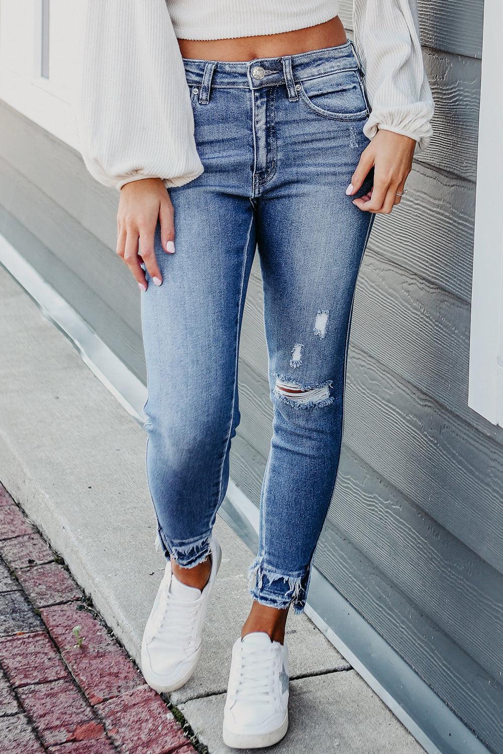 Light Blue Distressed Frayed Ankle Skinny Jeans - L & M Kee, LLC