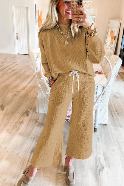 White Textured Long Sleeve Top Drawstring Pants Set - L & M Kee, LLC