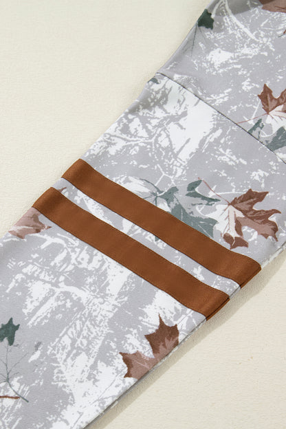 Gray Maple Leaf Camo Print Varsity Striped Sleeve Casual Sweatshirt