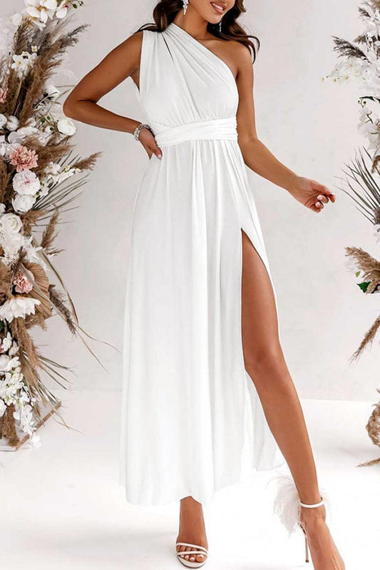 White Sleeveless Ruched High Split Cutout Back Maxi Dress - L & M Kee, LLC