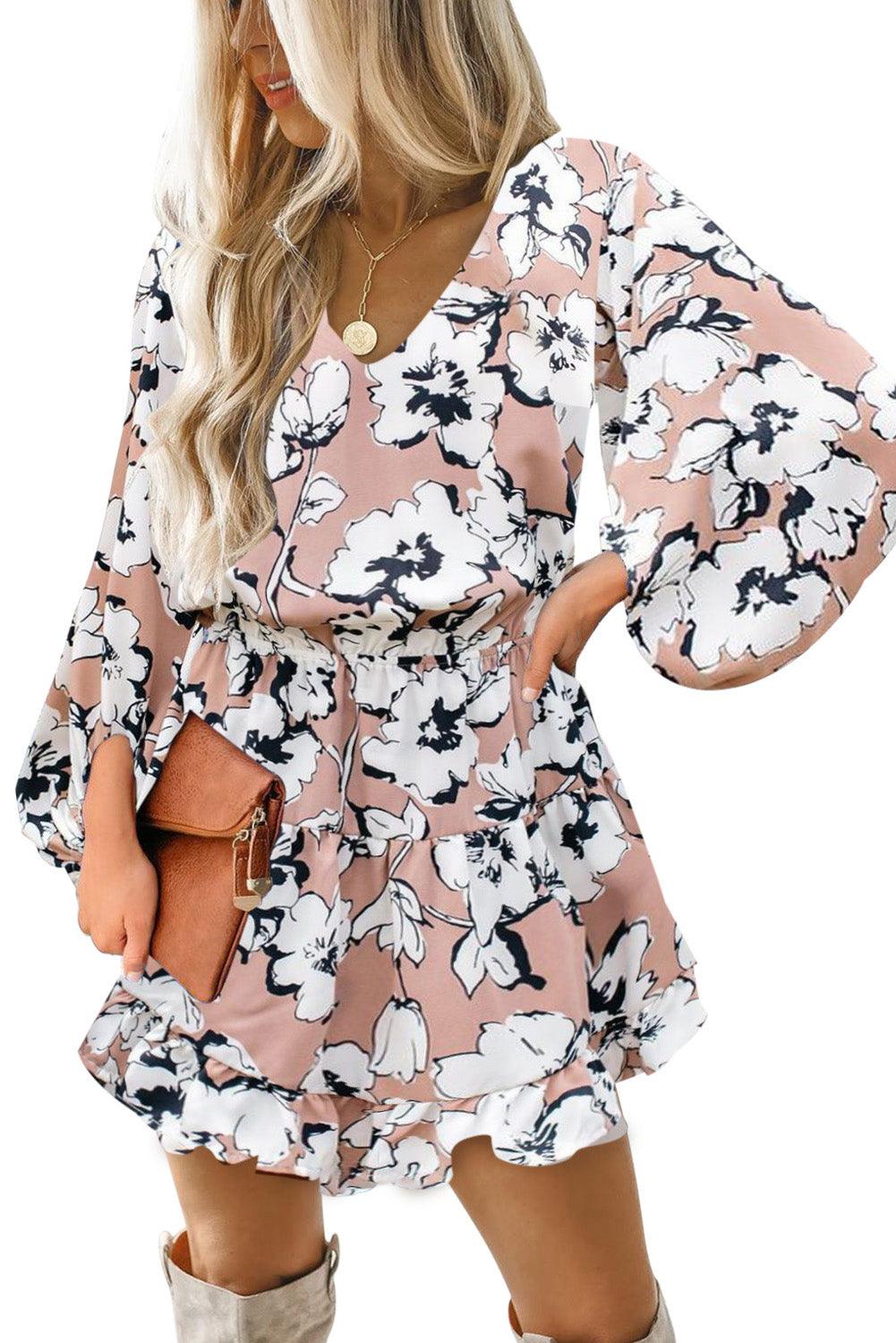 Apricot V Neck Lantern Sleeves Floral Tunic Dress - L & M Kee, LLC