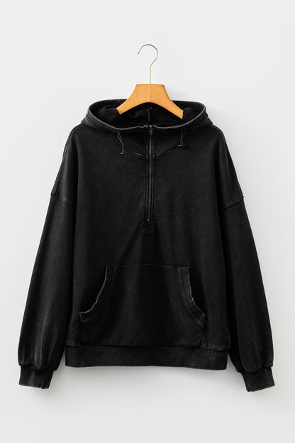 Black Half Zip Kangaroo Pocket Mineral Wash Baggy Hoodie